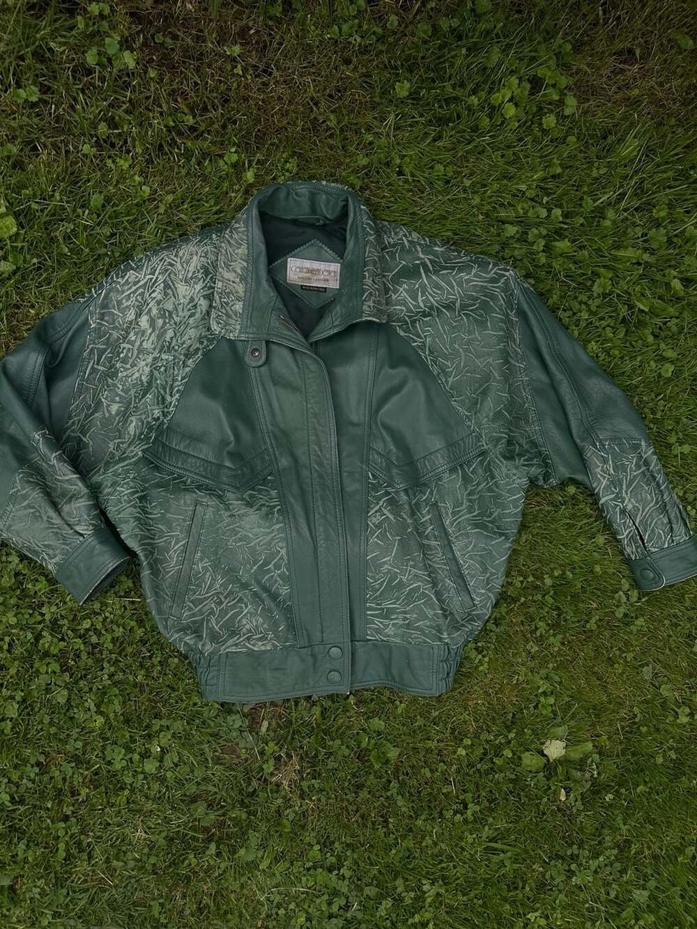Carlo Amboldi Vintage 1980s Hunter Green Leather Crackle Pattern Bomber Jacket M
